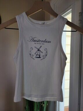 Altar'd State Ribbed "Amsterdam" Printed White Baby Tank, Size Womens Medium